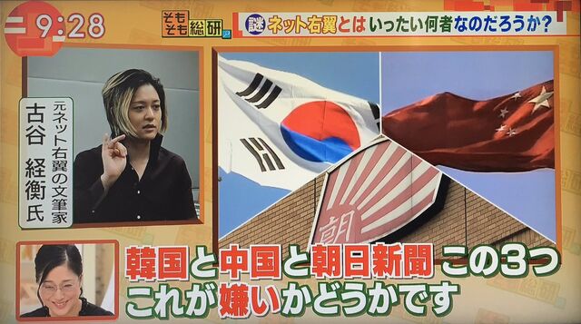 テレ朝モーニングショーを見た視聴者の声 文筆家の古谷氏がサックリとネトウヨ 定義 中心はアラフィフの自営業者で韓国と中国と朝日新聞の3つが嫌い 以下略 なおネット右翼といってもネットやsnsには特に関係ないもよう 2ページ目 Togetter