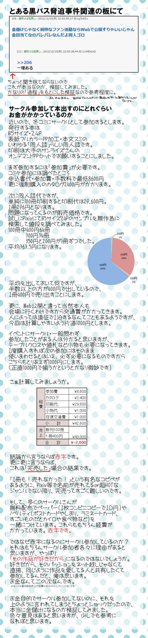 同人誌即売会にサークル参加すると金儲けが出来るのか Togetter